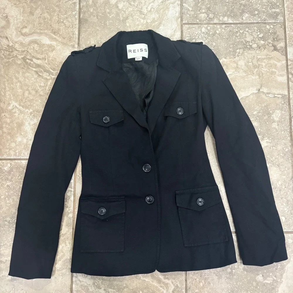 Reiss Womens Black Utility Blazer Jacket‎ Military Style Epaulettes Size XS
